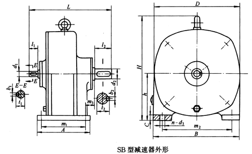 SB系列雙擺線針輪減速機外形及安裝尺寸、針齒中心圓直徑及傳動比